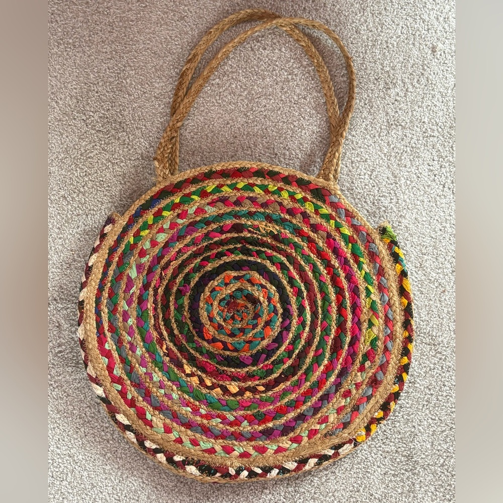 Boho Multicolor Woven Straw Round Tote Bag Large Market Beach Bag - Picture 3 of 7